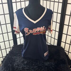 Majestic Navy and White Braves V-Neck Jersey